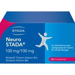 Blau-rote Medikamentenverpackung für Neuro Stada mit 100 Filmtabletten gegen Vitamin-B-Mangel.
