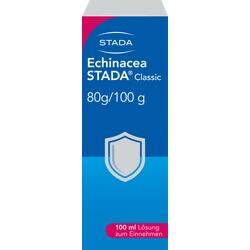 Ein blaues Etikett auf einem Medikament mit der Aufschrift "Echinacea STADA Classic".