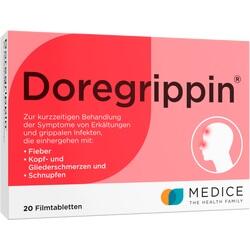 Die Verpackung zeigt ein Produkt zur Linderung von Erkältungssymptomen wie Fieber und Kopfschmerzen.