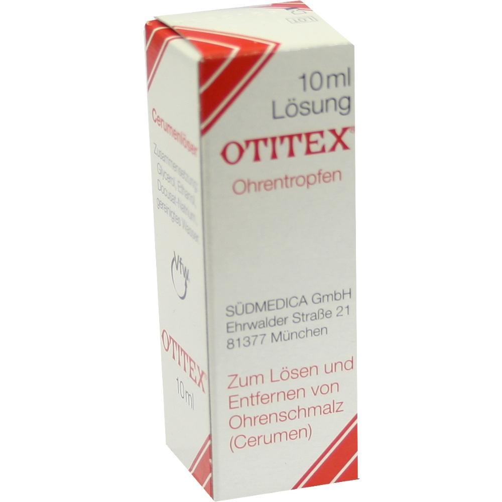 Weiße Schachtel für Ohrentropfen mit rotem Text und Logo.