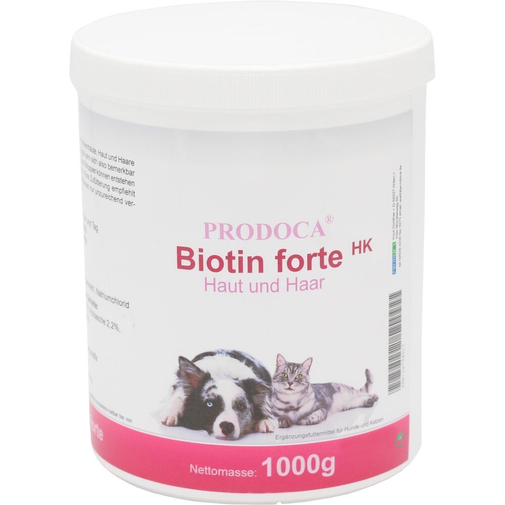 Ein weißer Behälter mit Biotin-Pulver für Hunde und Katzen.