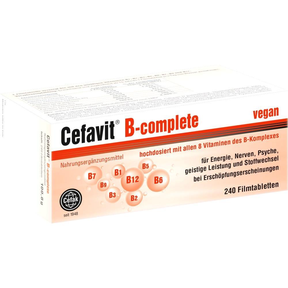 Eine Verpackung von Cefavit B-complete, einem Nahrungsergänzungsmittel mit B-Vitaminen.