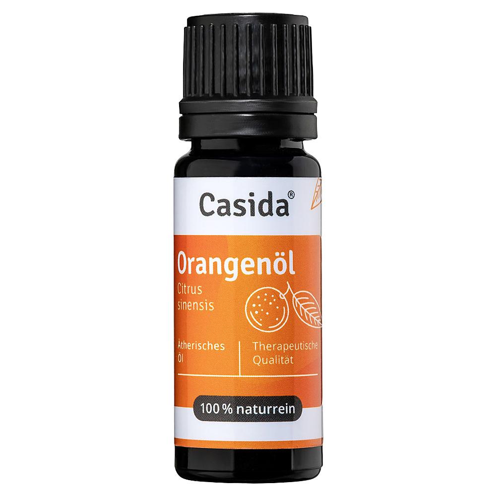Schwarze Flasche mit orangefarbenem Etikett für 100% reines Orangenöl.